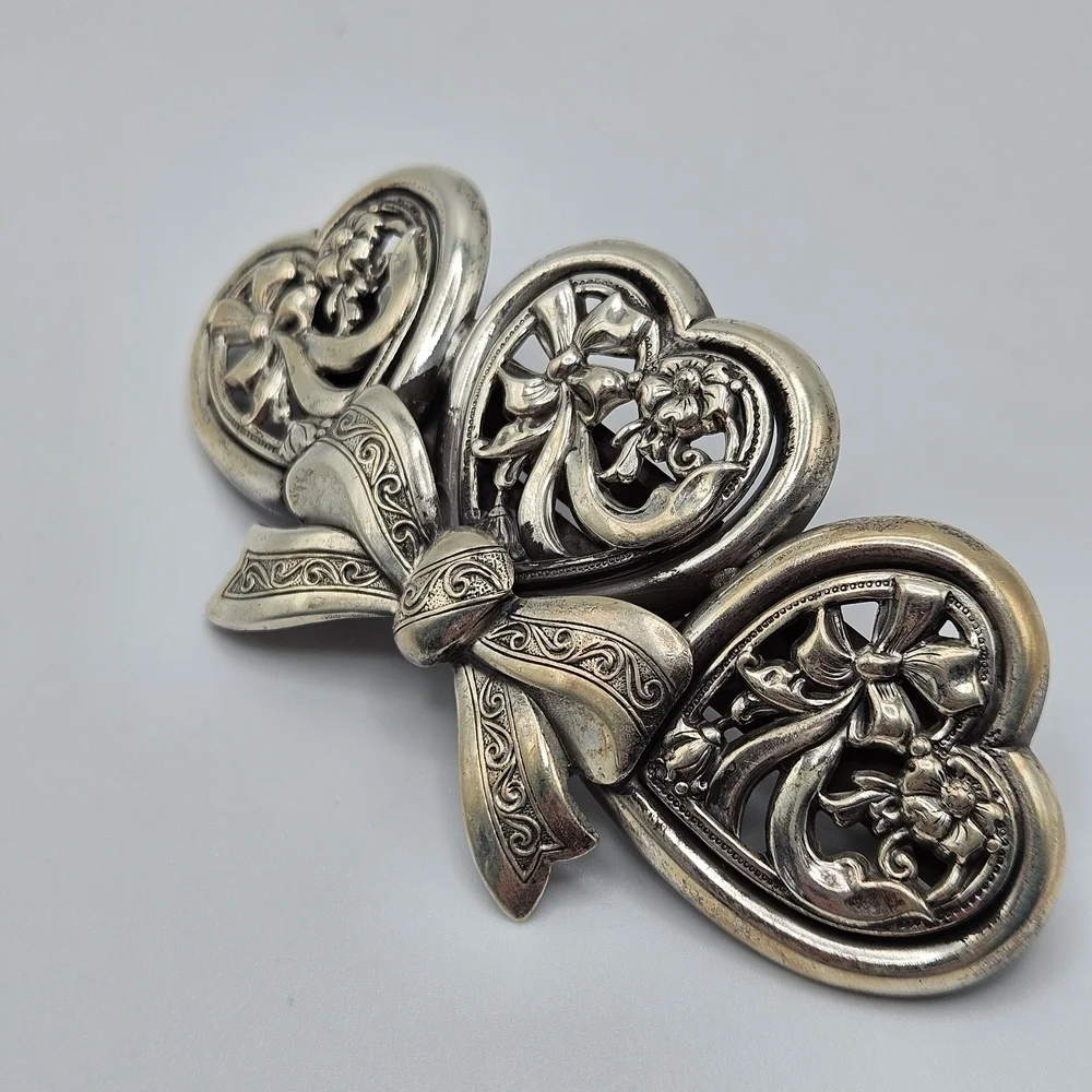 VINTAGE Art Deco Silver Plated Hearts French Hair Barrette Made in France